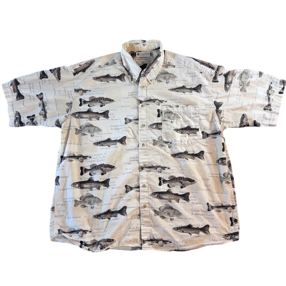 Columbia Mens XXL Fish Print Button Down Shirt Beige Short Sleeve Cotton Fishing